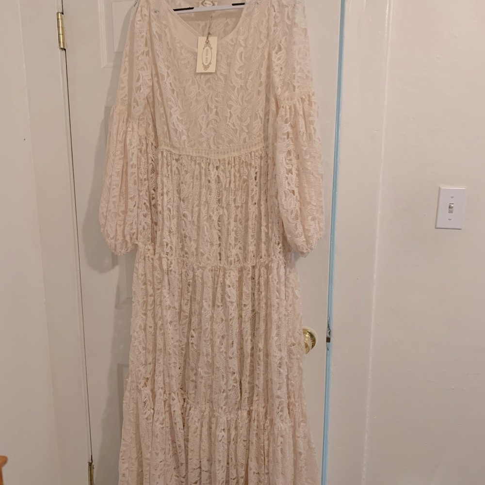 Joyfolie Boho Tiered Cream Maxi Dress